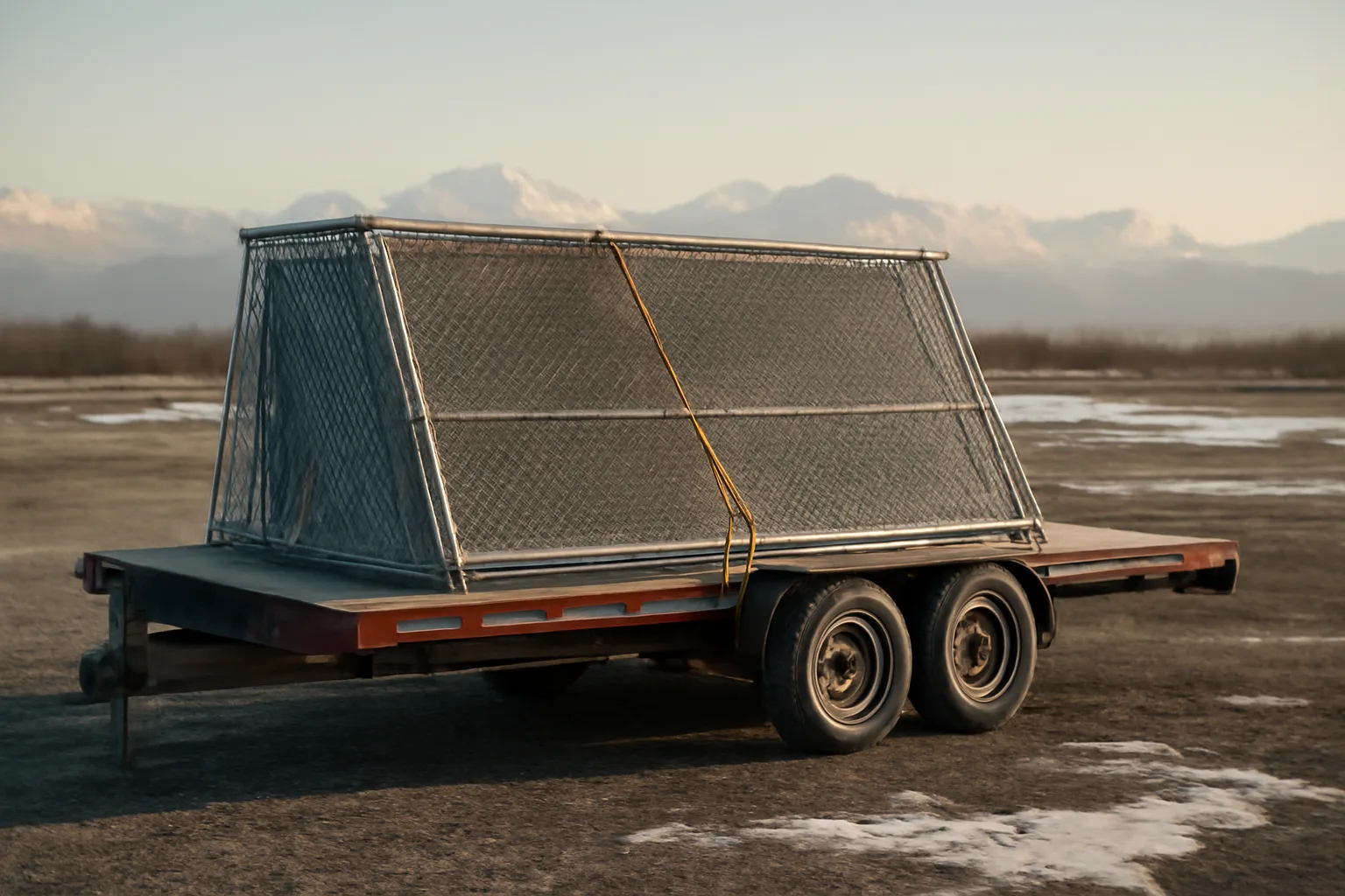 flatbed trailer with temp fence panels on a snowy anchorage gravel lot, mountains behind
