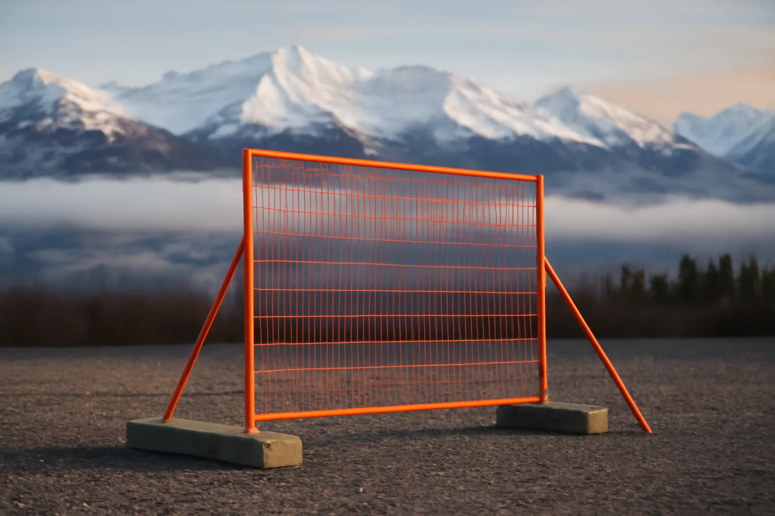 Temporary fence panel on gravel near snow-capped mountains in Anchorage, Alaska