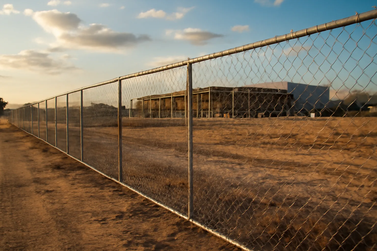 Temporary chain-link fence perimeter around a Texas commercial construction site at golden hour