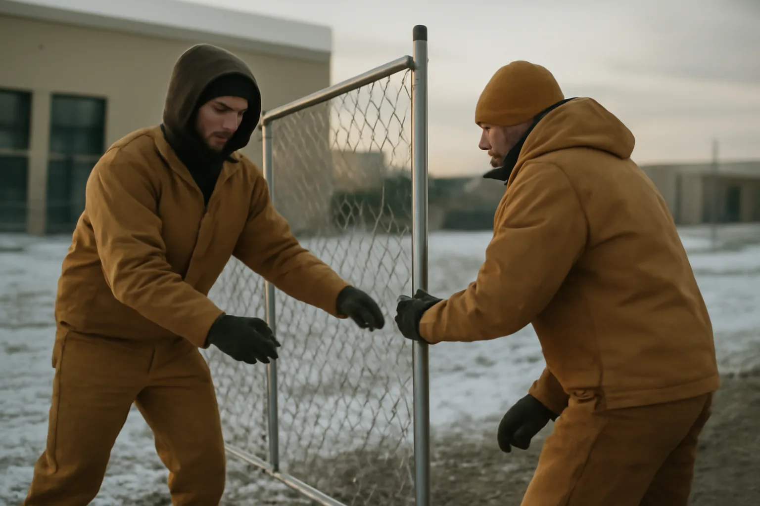 Two workers install galvanized temp fence panels at an Anchorage building site in winter light