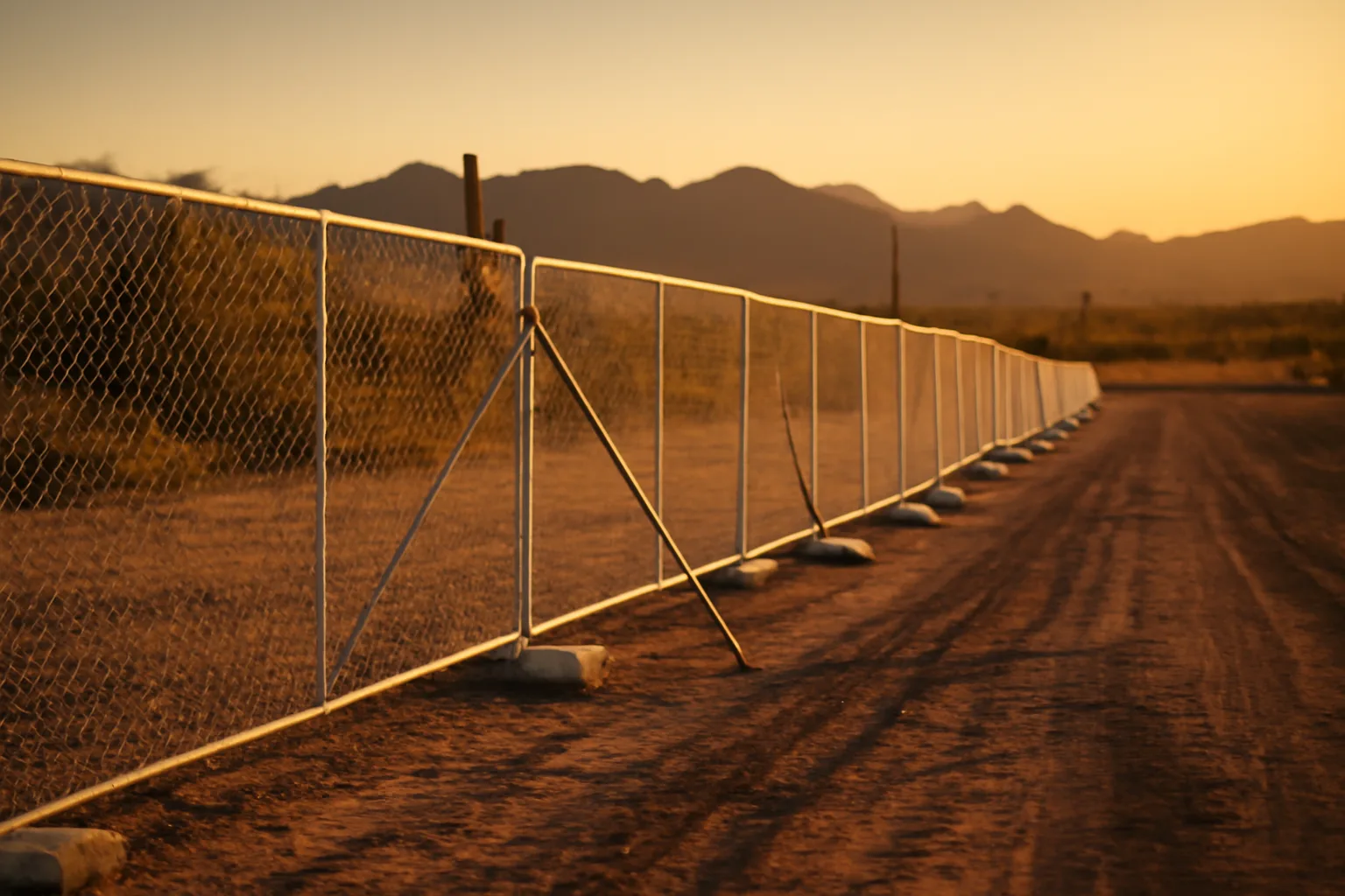 Temporary chain-link fence panels with wind braces at a Phoenix construction site