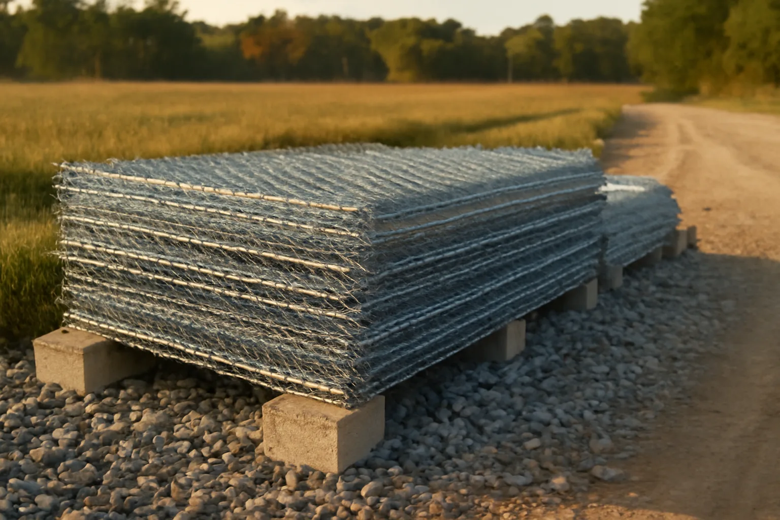 Galvanized temp fence panels stacked on stone near Little Rock