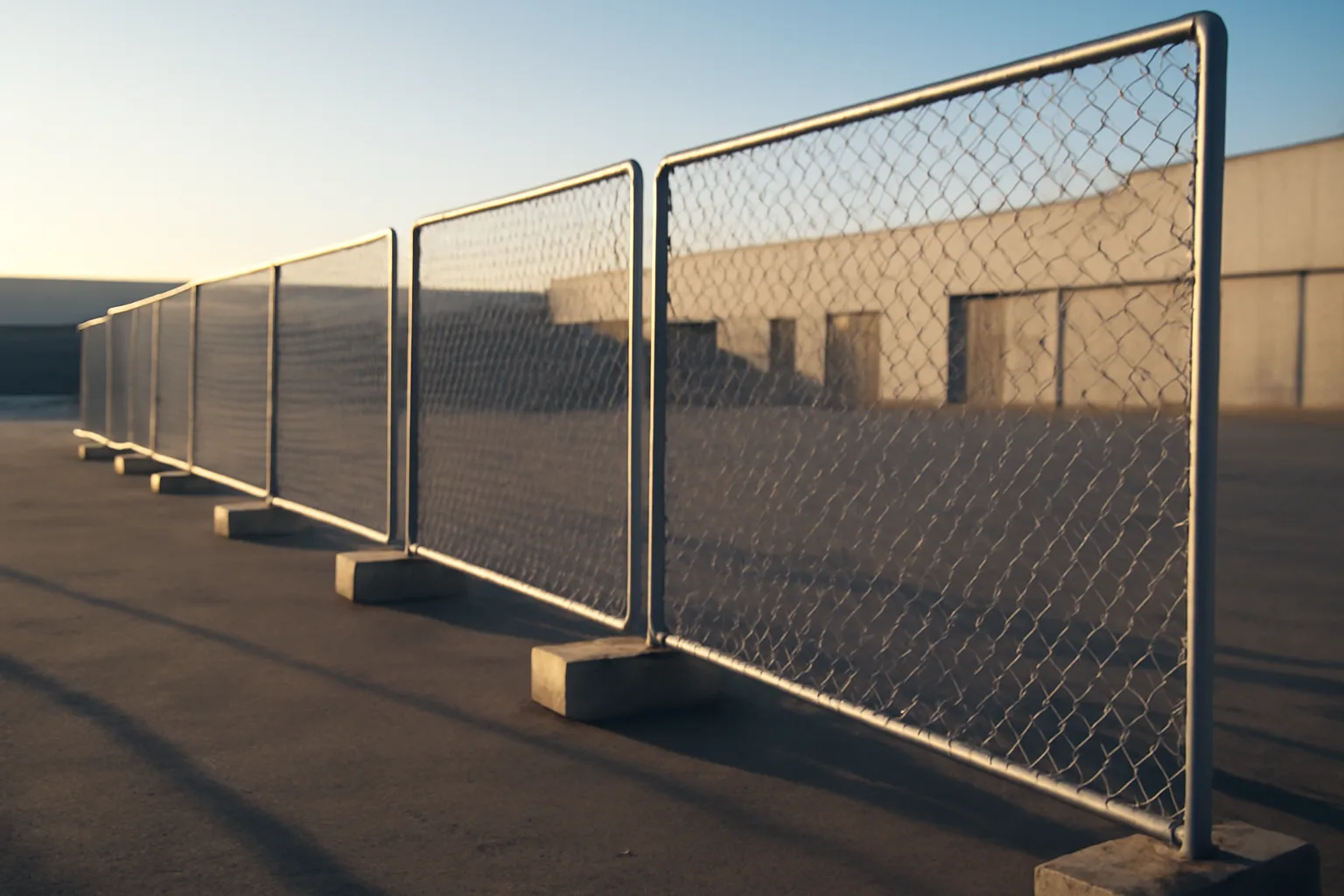 Galvanized temp fence panels stacked in a Vernon California yard