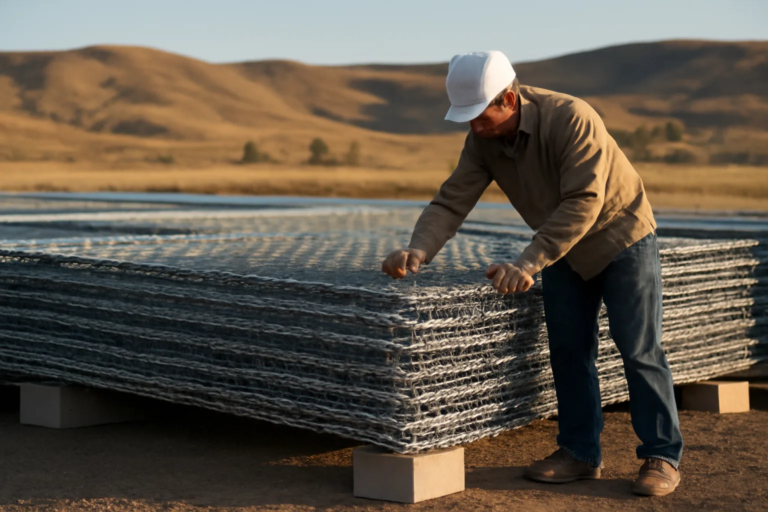 Galvanized temp fence panels stacked in a Colorado gravel yard