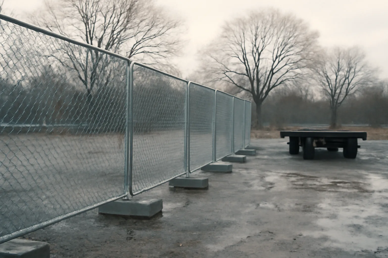 Galvanized temporary fence panels in a wet Connecticut construction yard