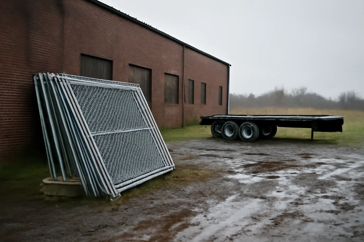 Galvanized temporary fence panels staged on a wet Delaware lot