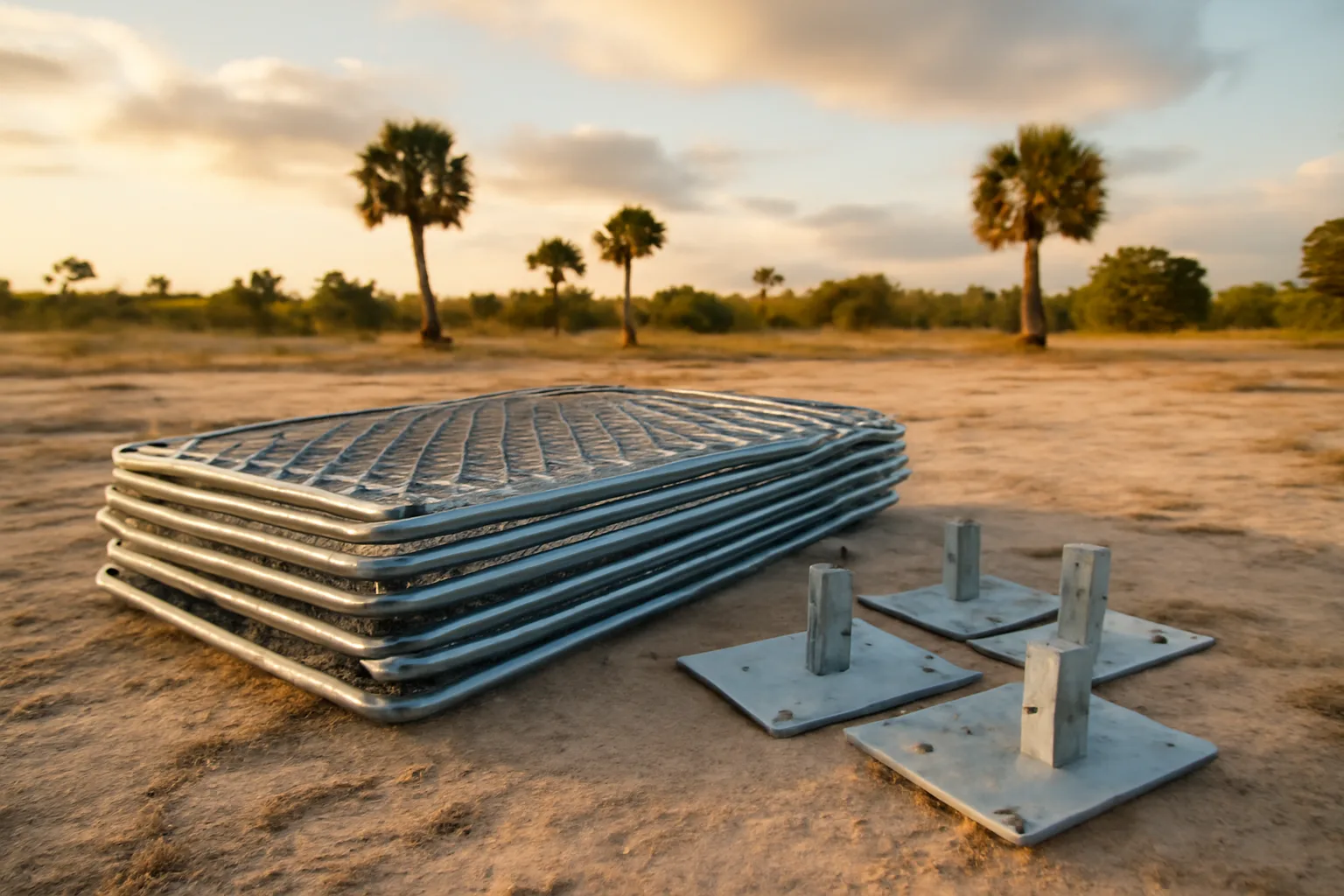 Galvanized temp fence panels standing in a sandy Florida lot