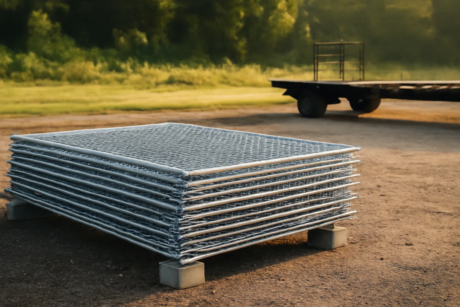 Stacked temp fence panels in a Georgia gravel yard at sunrise