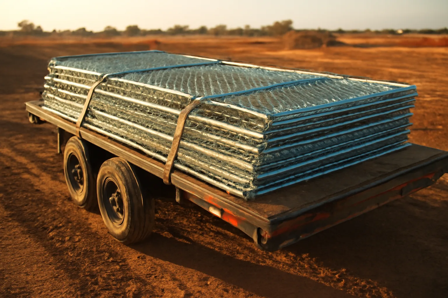 Flatbed trailer loaded with temp fence panels on a Texas construction site at sunset