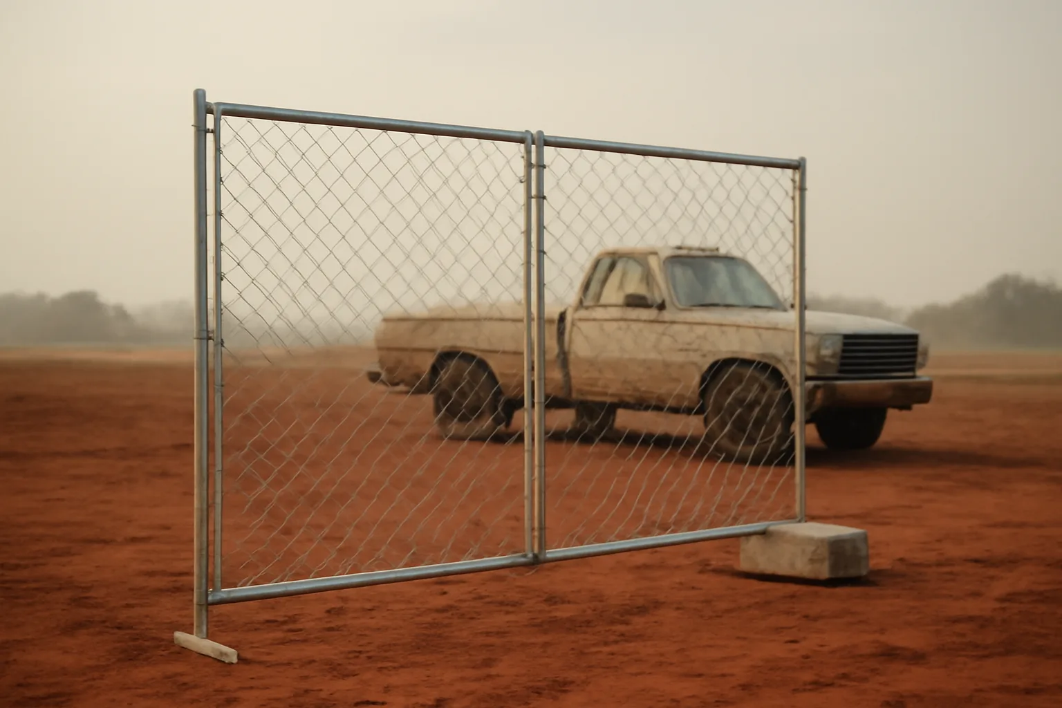 Two temporary chain-link fence panels on red clay ground in rural Alabama, pickup truck behind