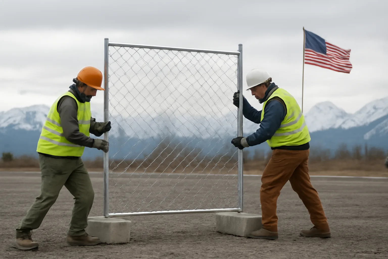 Crew installing temp fence panel with heavy ballast blocks against Alaska mountain backdrop