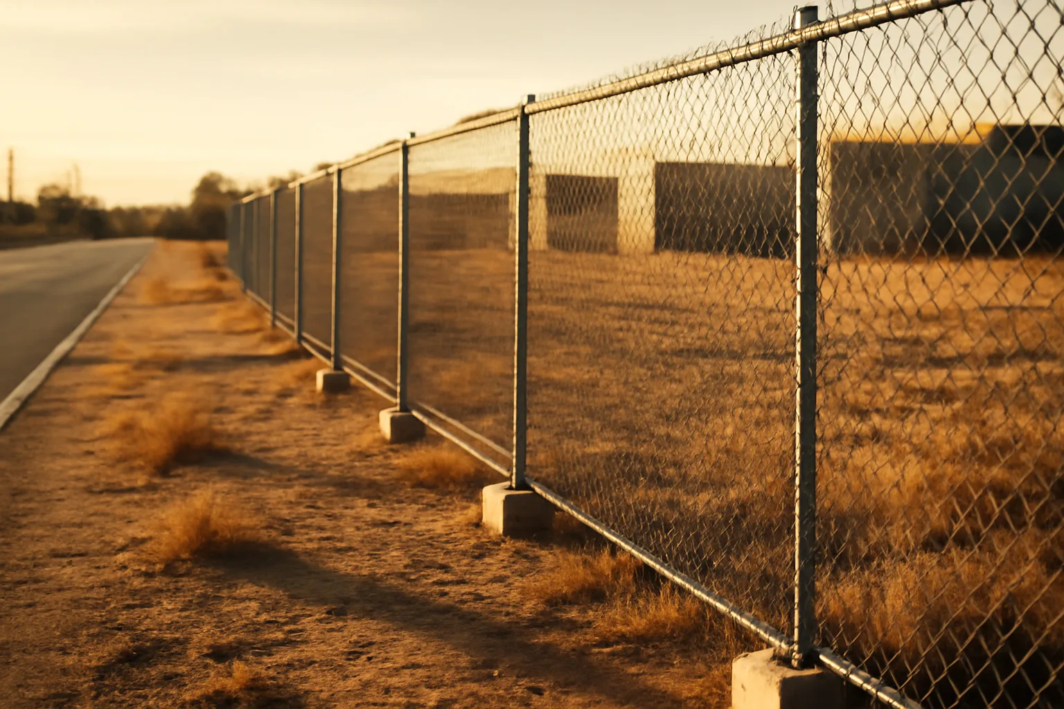 Temporary chain-link fence panels on a dusty California lot