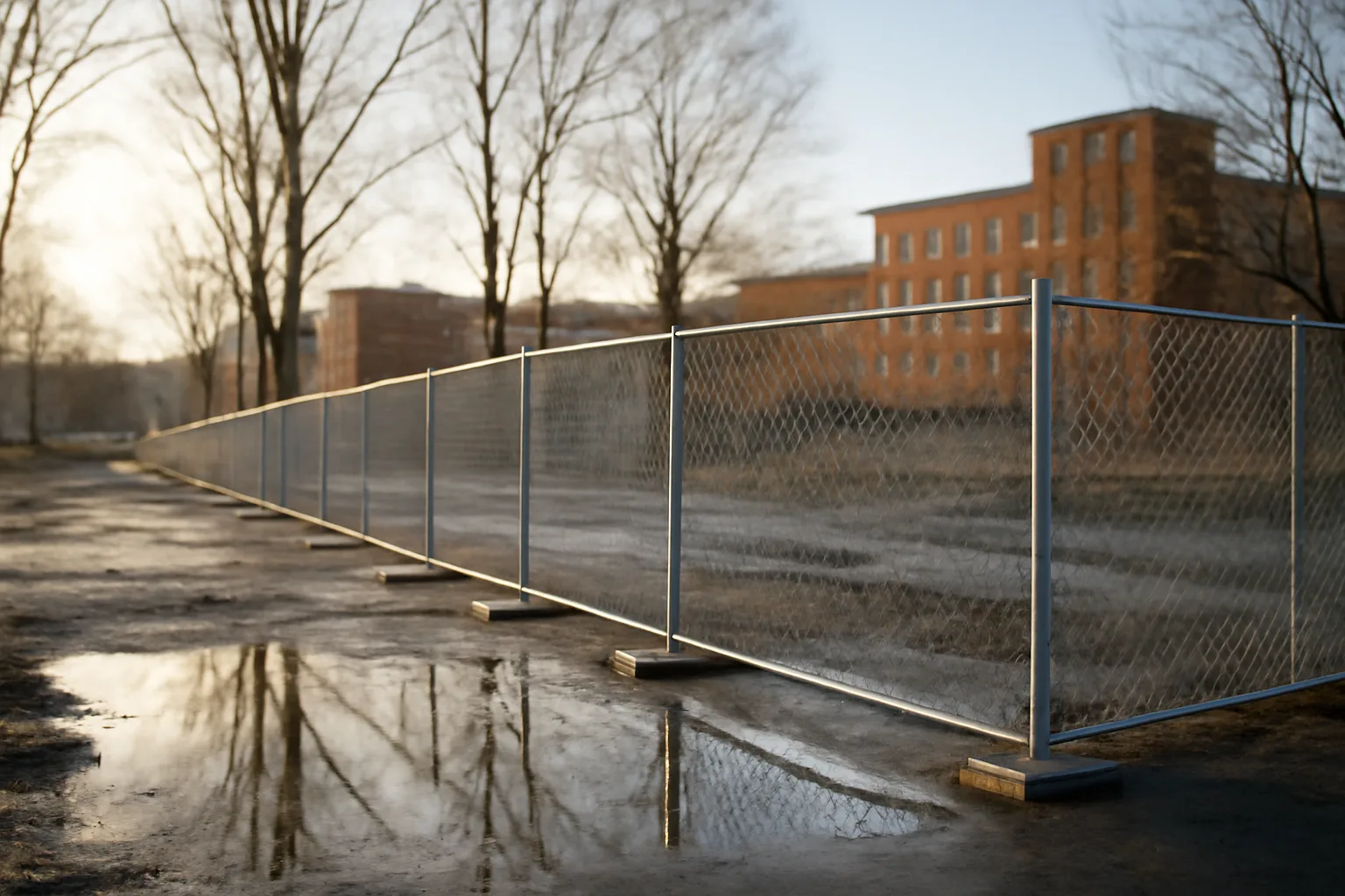 Galvanized temporary fence panels on a wet Connecticut lot