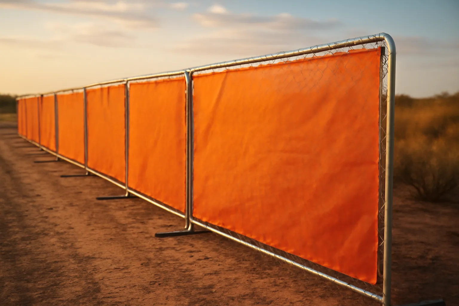 Temporary chain-link fence panels with orange wind screen on a Texas construction site at sunset