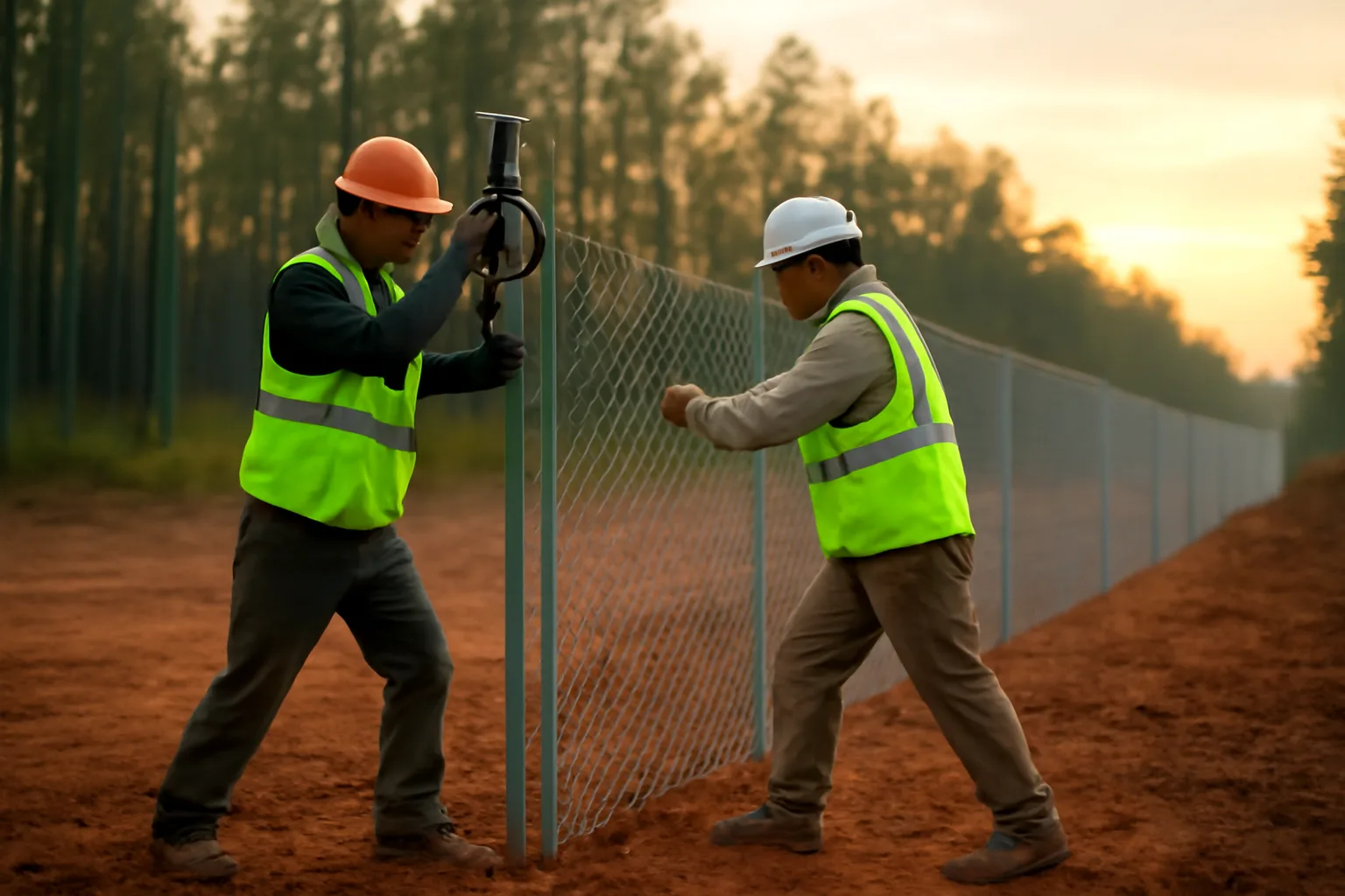 Workers installing chain-link temp fence in Alabama clay soil at sunrise
