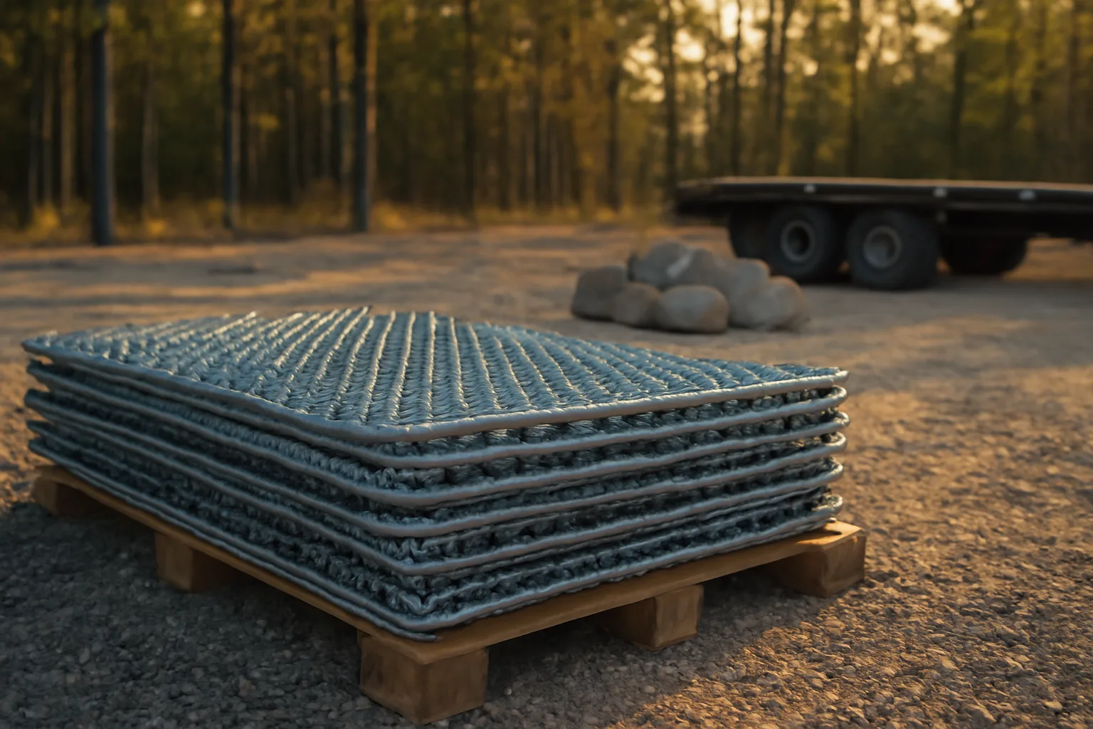 Stacked temp fence panels and concrete feet in an Arkansas yard