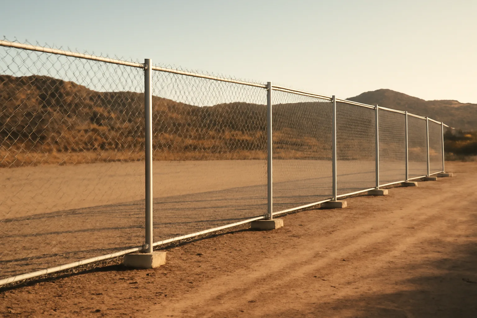 Temporary chain-link fence panels on a graded California dirt lot