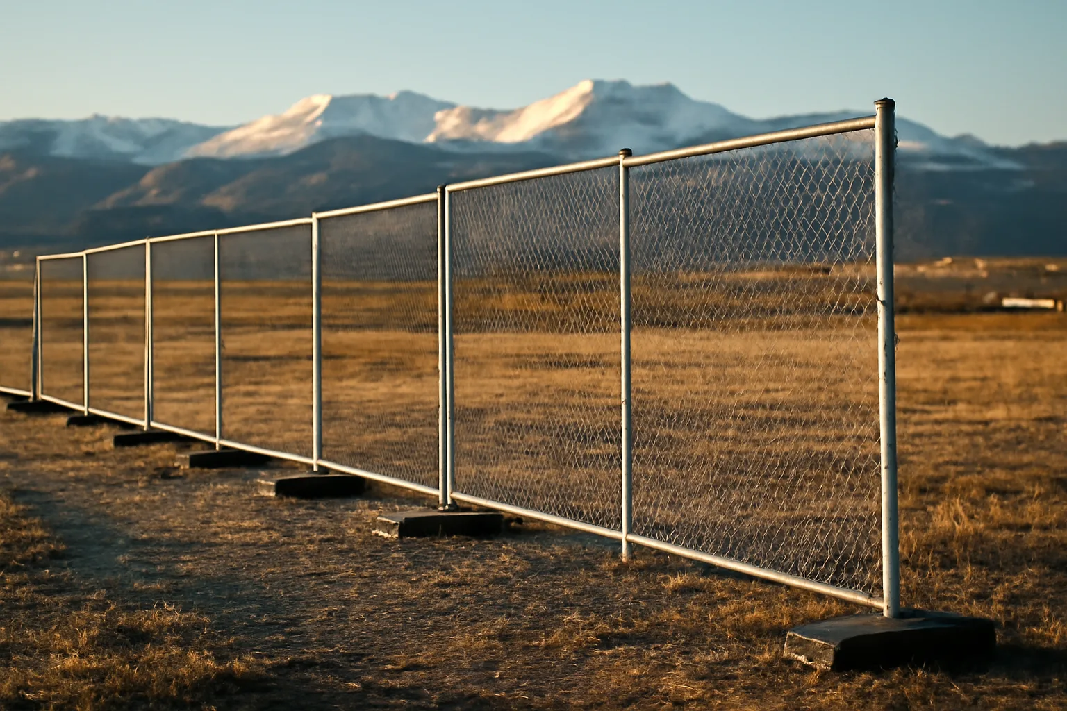 Temporary chain link fence panels on a gravel Colorado jobsite