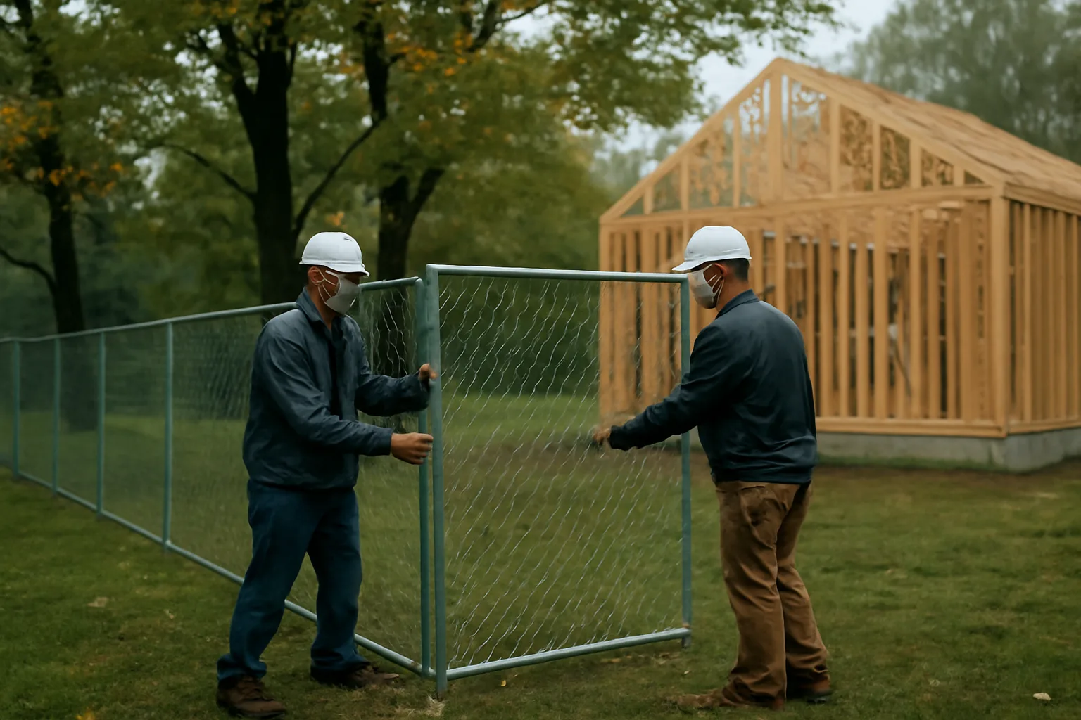 Temporary chain link fence around a Connecticut house construction lot