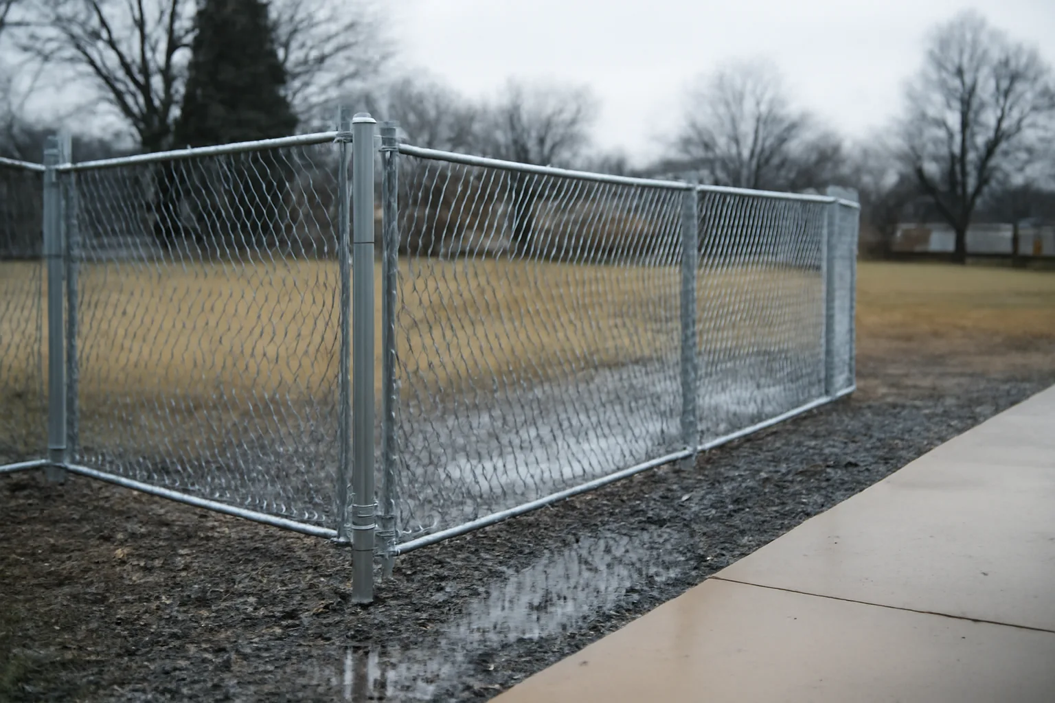Chain-link temp fence panels lined on a gravel Delaware jobsite
