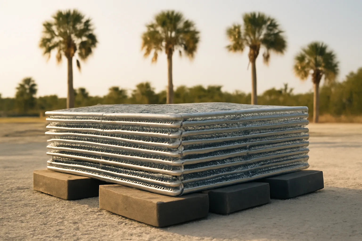 Stacked chain-link temp fence panels on a Florida jobsite