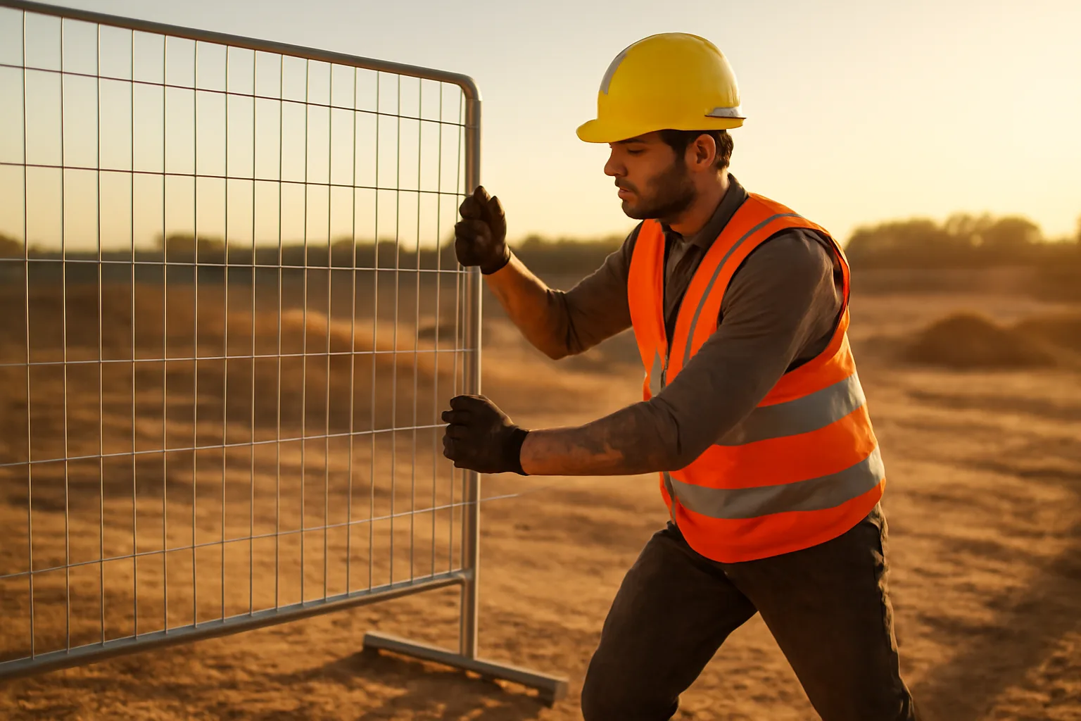 Worker installing temporary fence panel on a construction site in Arizona