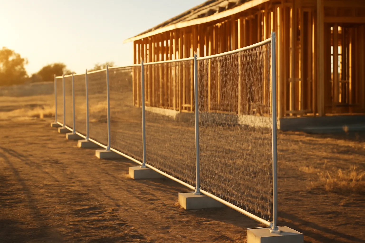 Chain link temp fence panels beside an unfinished California house