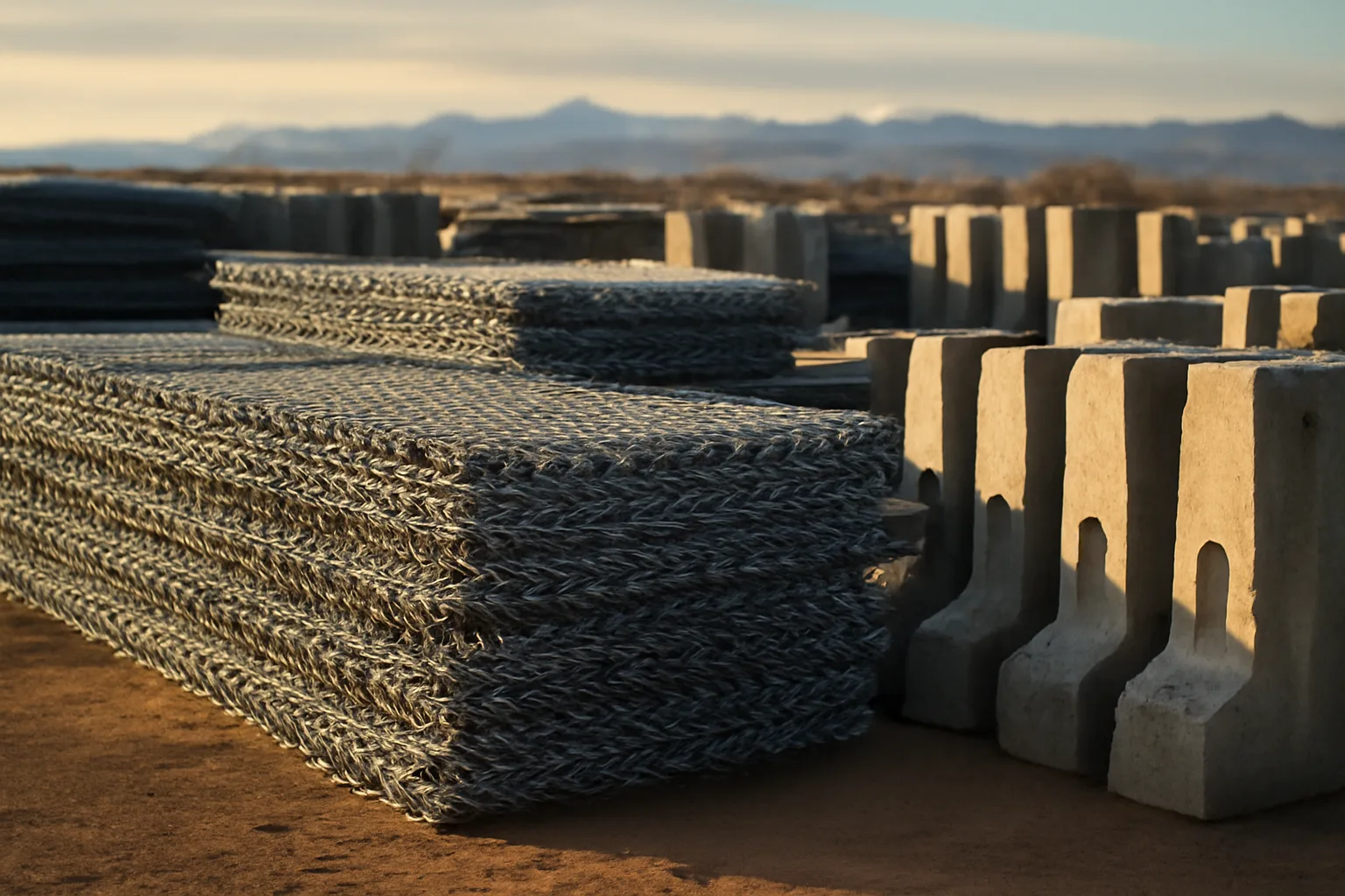Galvanized temporary fence panels stacked in a Colorado contractor yard