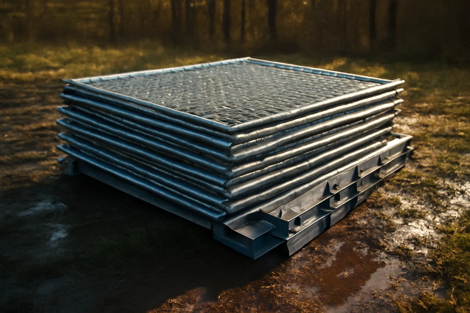 Temporary chain link fence panels staged on a Delaware jobsite