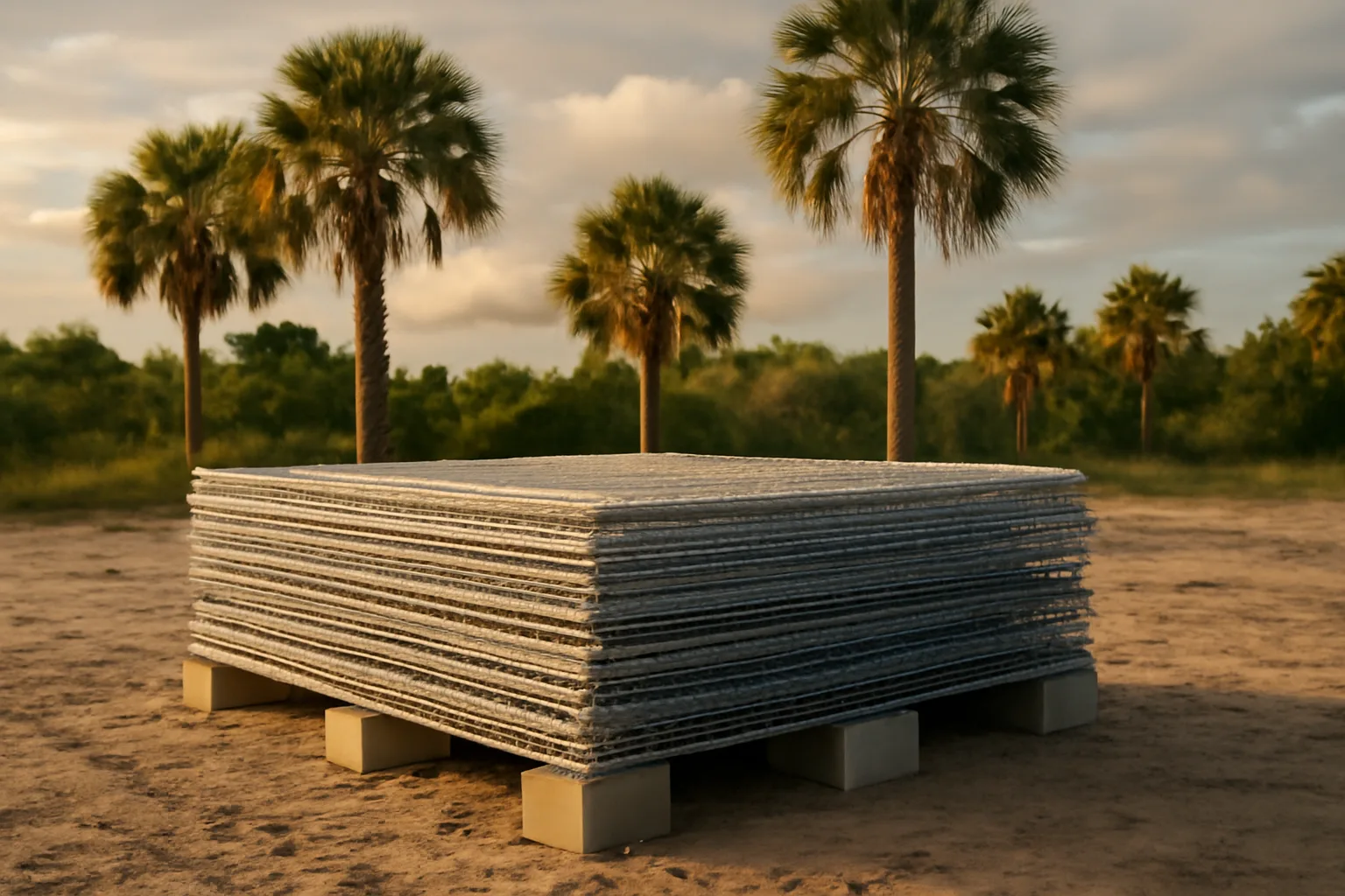 Galvanized temp fence panels stacked on a sandy Florida lot