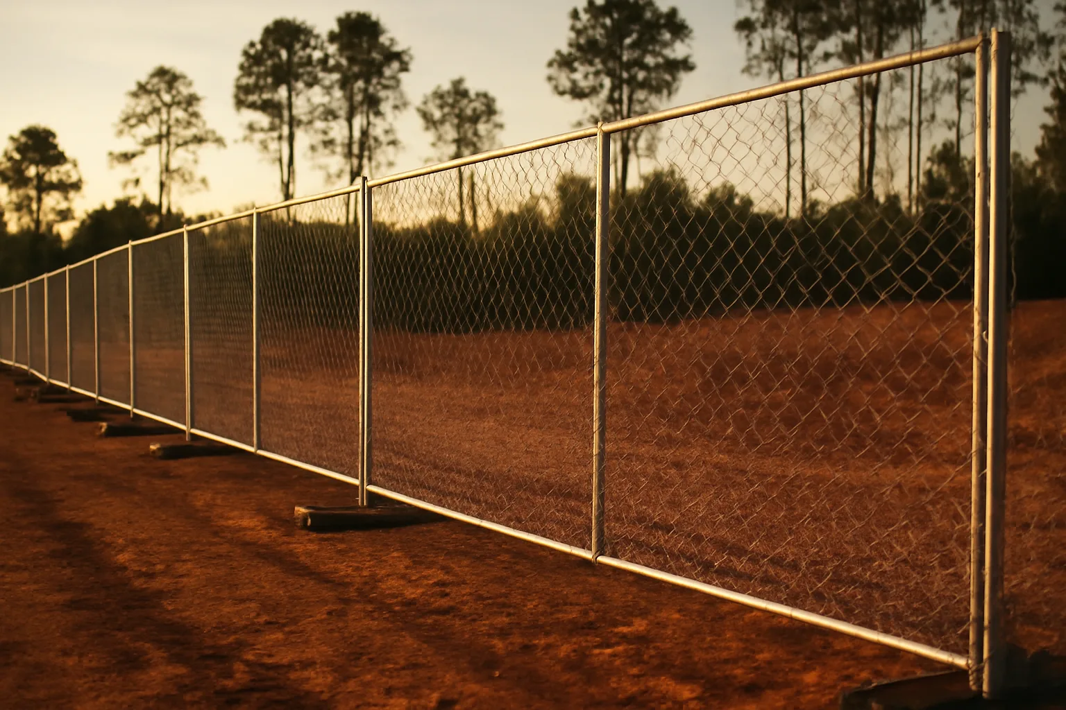 Silver temp fence panels on red Georgia clay beside pines