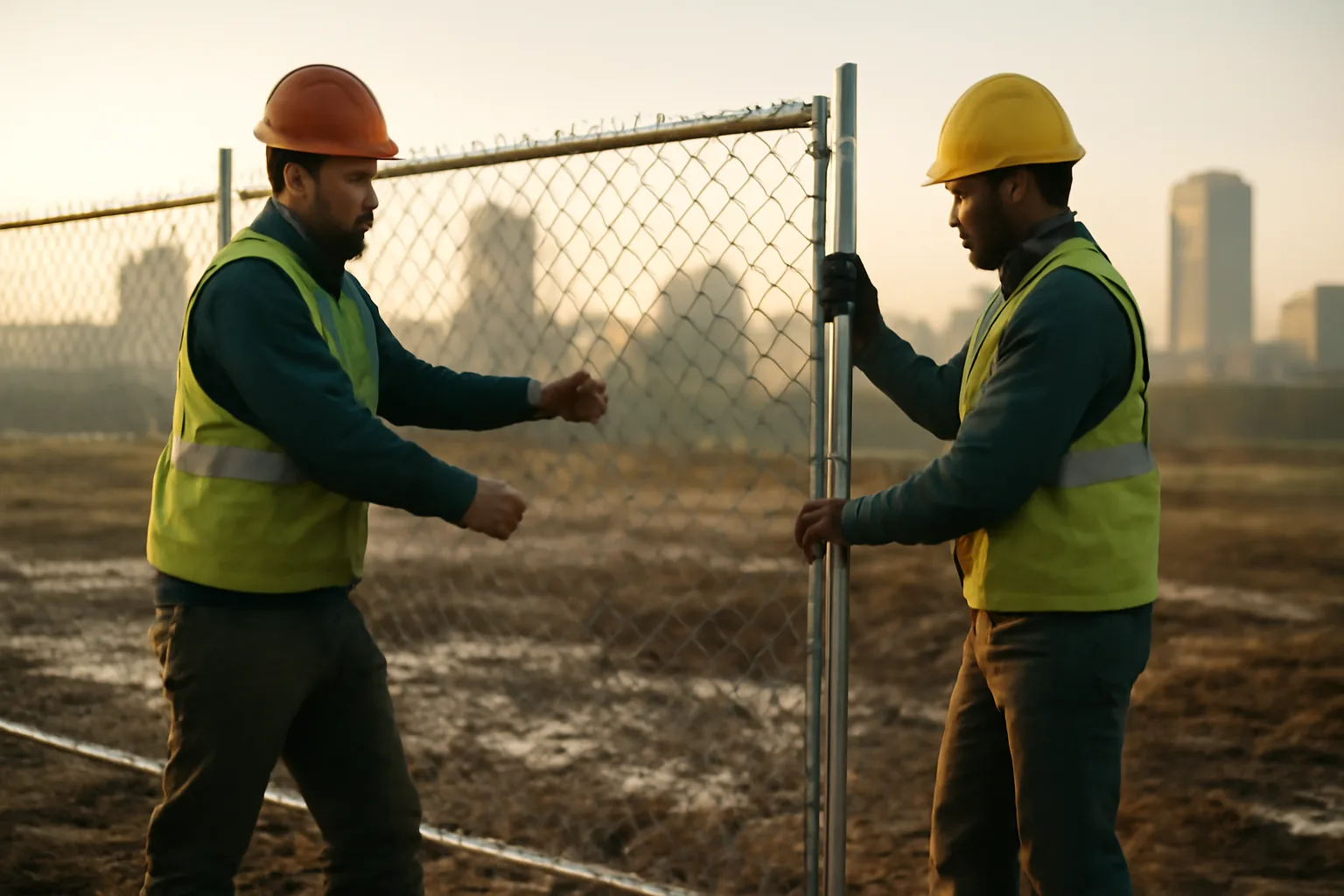 Workers installing a temp fence panel on a construction site in Birmingham Alabama