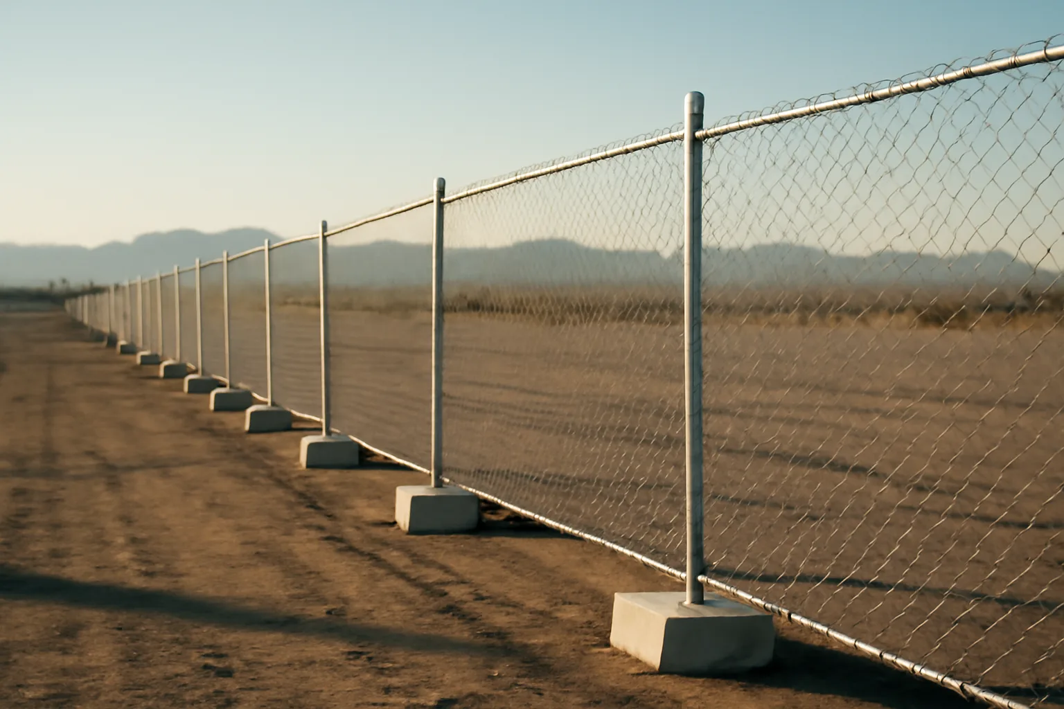 Temporary chain link panels on a dusty Arizona construction lot