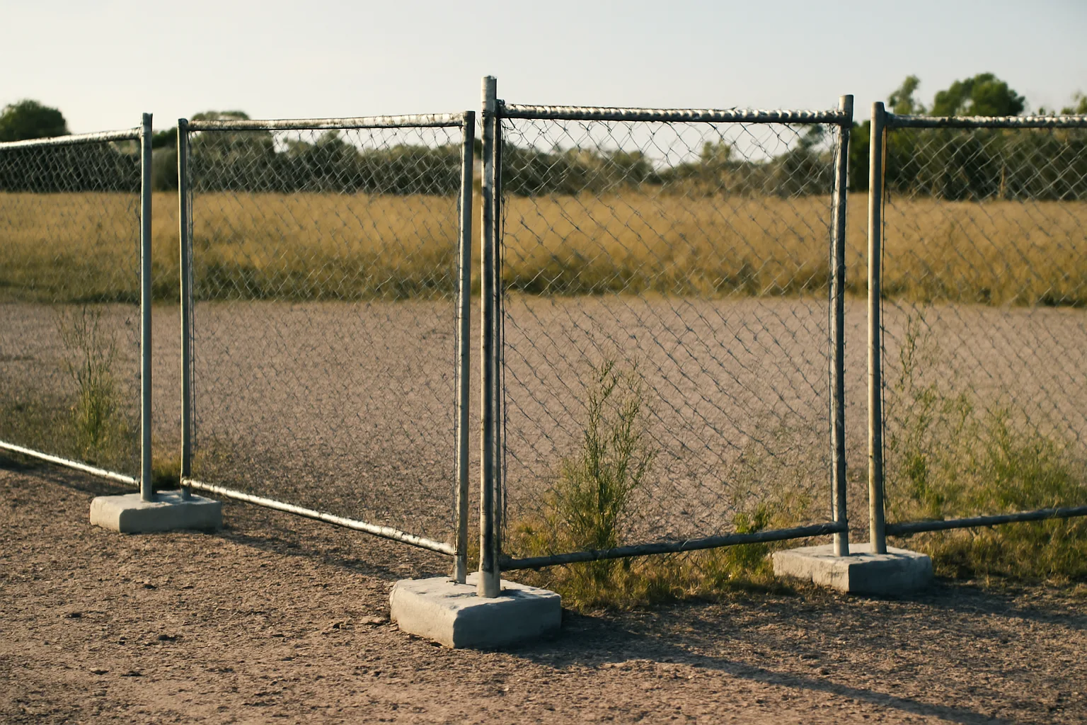 Temporary chain link fence panels in a gravel lot in Arkansas