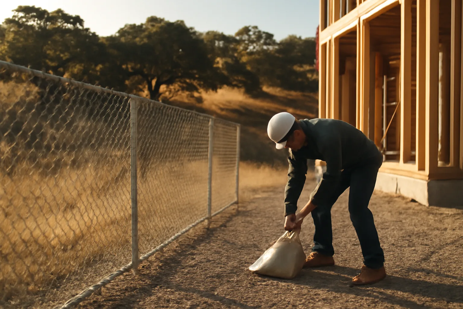 Unbranded chain link temp fence panels at a California hillside jobsite