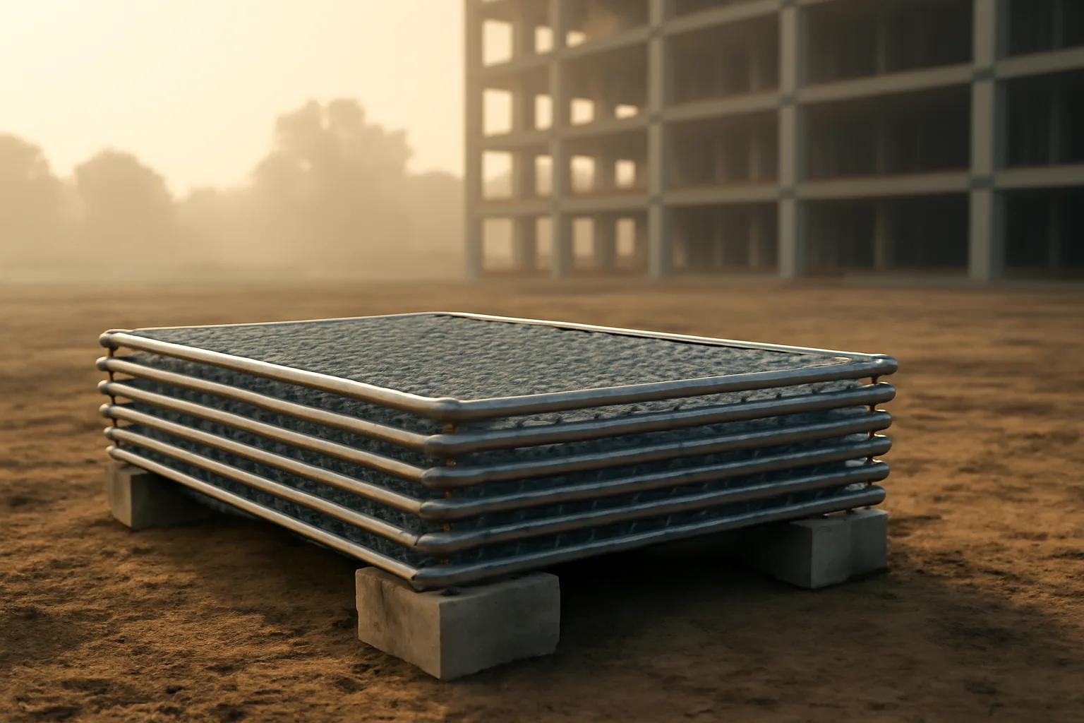 Galvanized temp fence panels staged on a Delaware dirt lot
