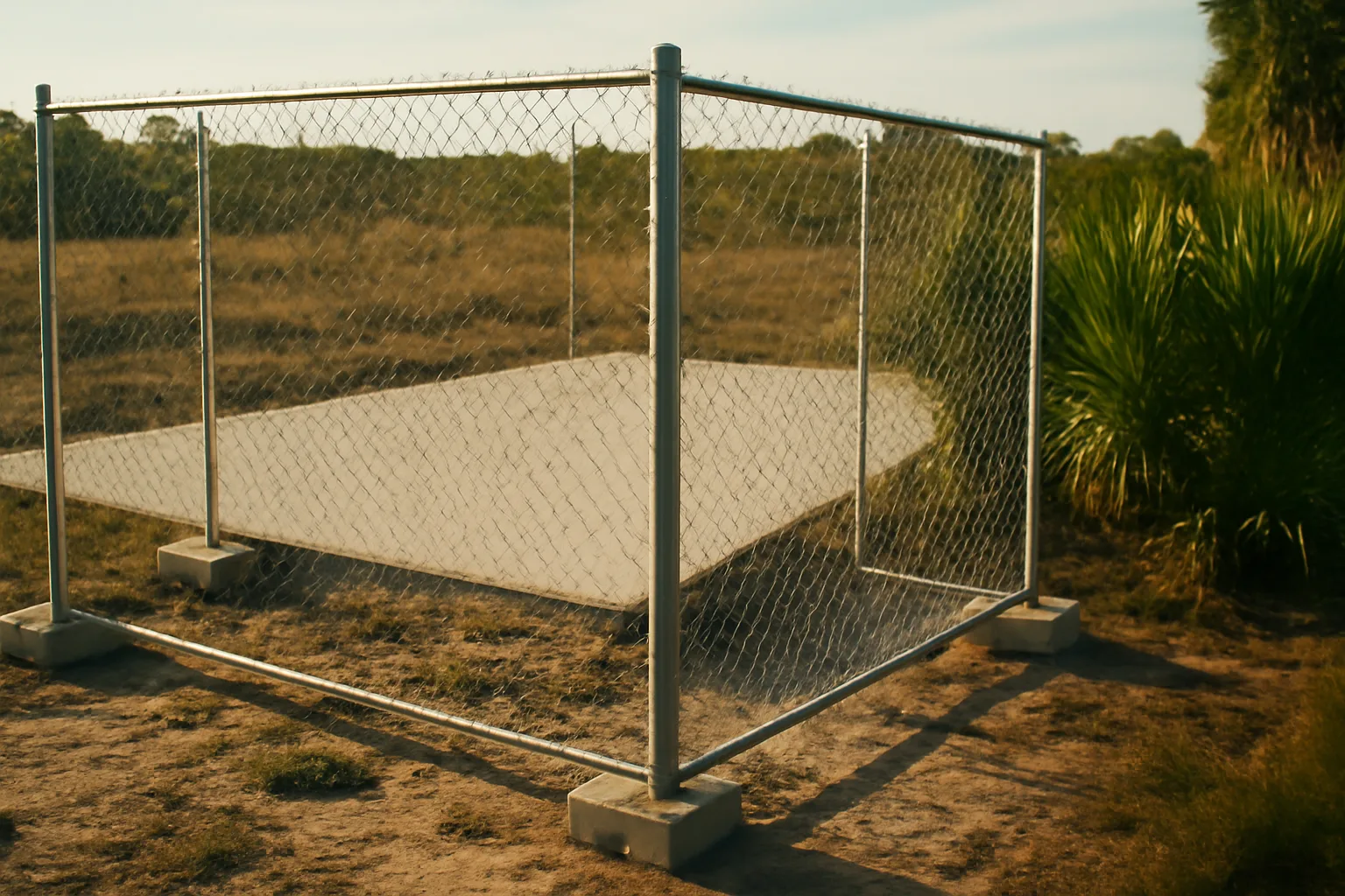 Temporary chain-link fence panels on a sunny Florida construction lot