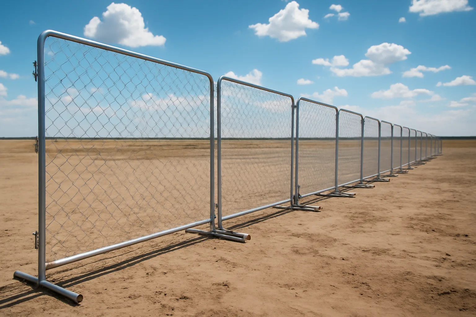Temporary chain-link fence panels installed on a flat South Dakota construction site