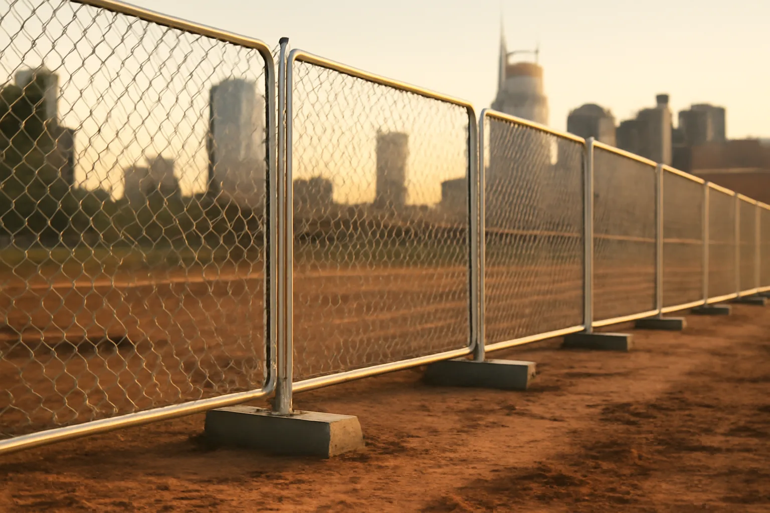 Temp fence panels on a Tennessee construction site at golden hour