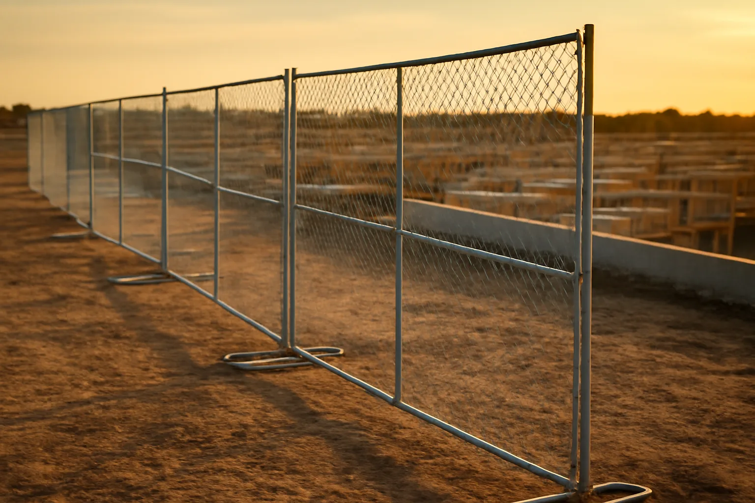 Temporary chain-link fence panels on a Texas construction site in afternoon light